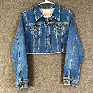 Slink Jeans Womens XS Cropped Denim Jacket Blue Raw Hem Long Sleeve Y2K